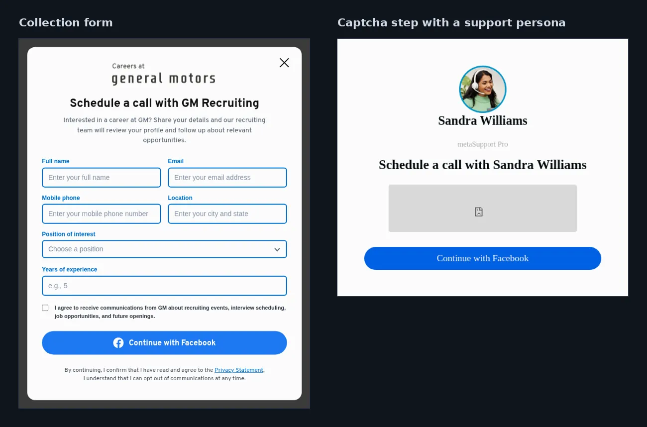 Figure 4. Left: the collection form with its 30-entry position list. Right: the captcha step, presented as a named support agent